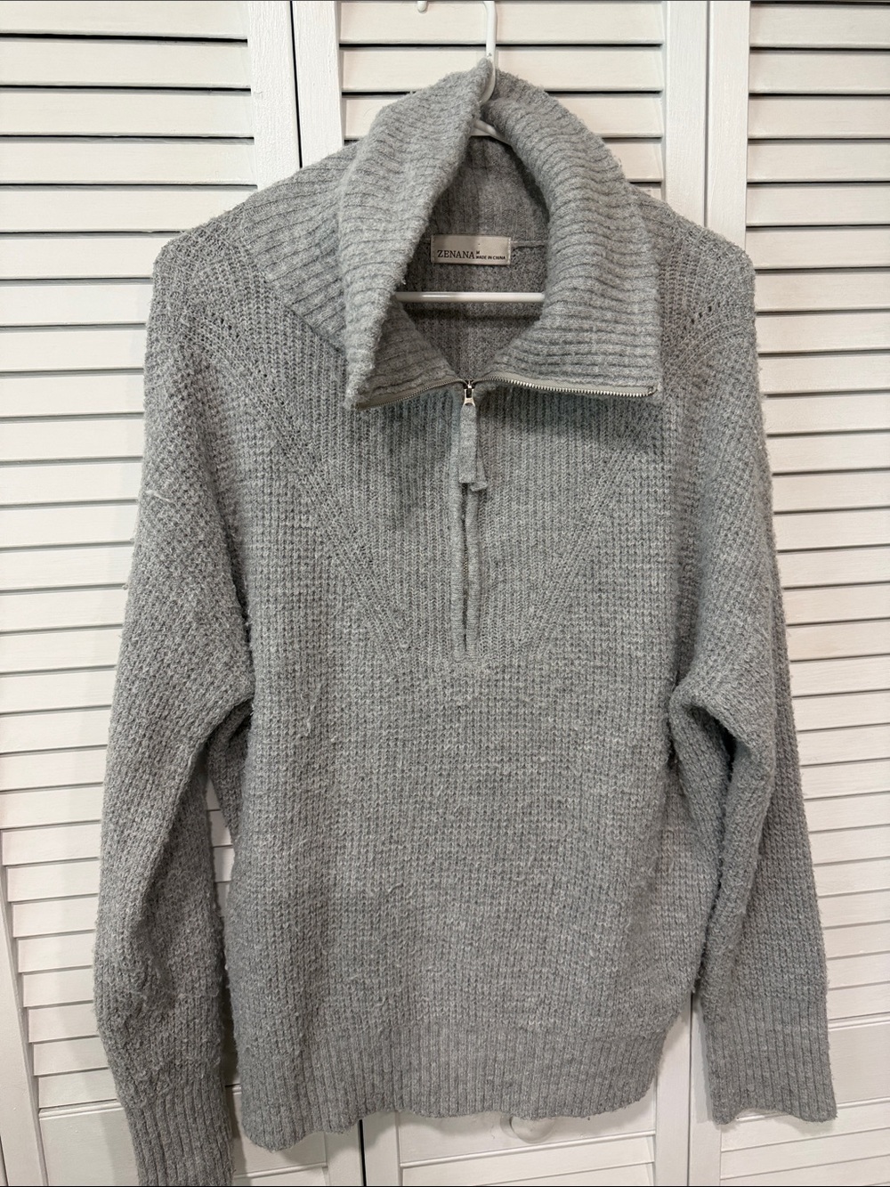 Zenana Outfitters Gray Half-Zip Ribbed Collar Sweater